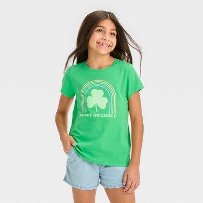Girls' St. Patrick's Day Short Sleeve 'Happy Go Lucky' Graphic T-Shirt - Cat & Jack™ Green | Target