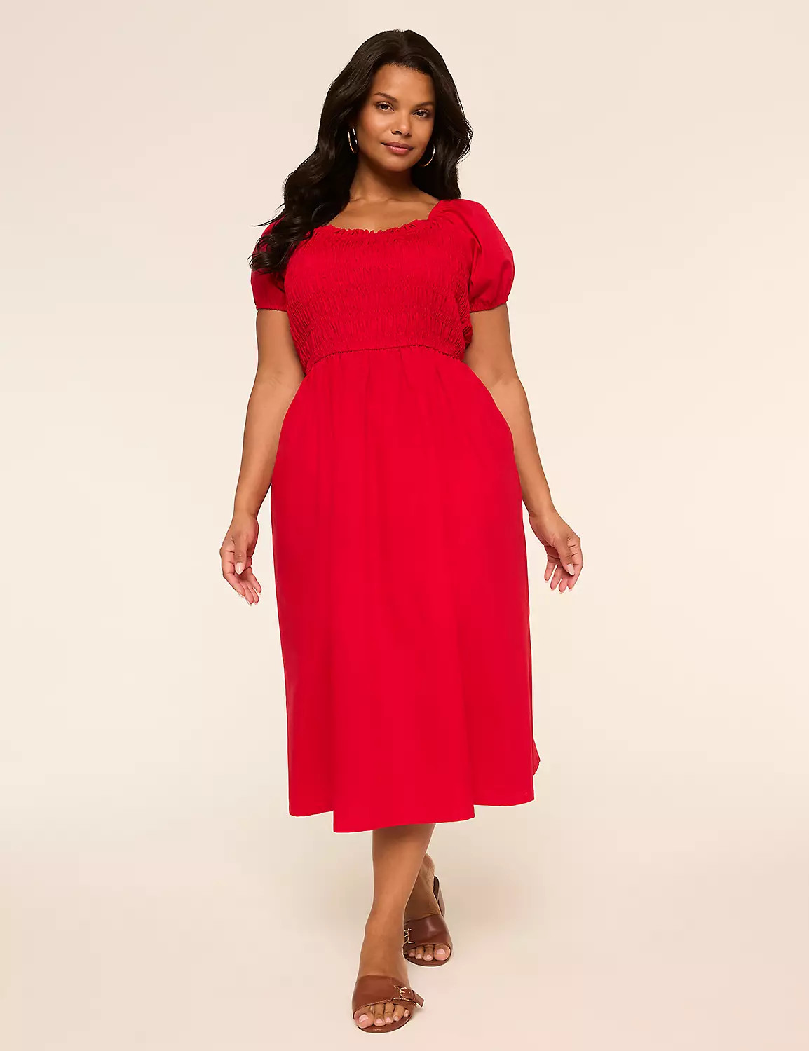 Puff-Sleeve Smocked-Bodice Midi Dress | LaneBryant | Lane Bryant (US)