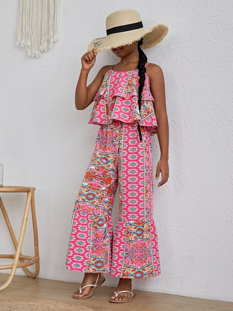 SHEIN Girls Allover Print Ruffle Trim Cami Top & Flare Leg Pants | SHEIN
