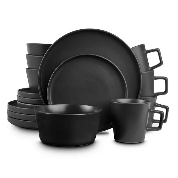 Stone Lain 16 Pieces Stoneware Round Dinnerware Set, Service for 4 in Black Matte, Fashionable Mo... | Walmart (US)