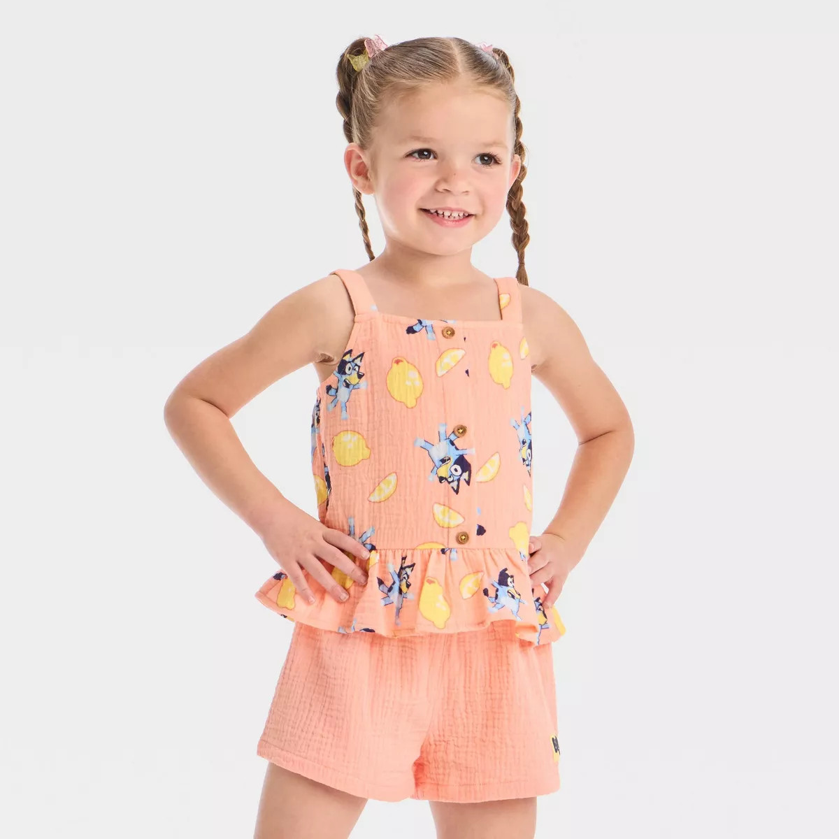 Toddler Girls' 2pc Bluey Lemon Gauze Tank Top and Shorts Set - Orange 5T | Target