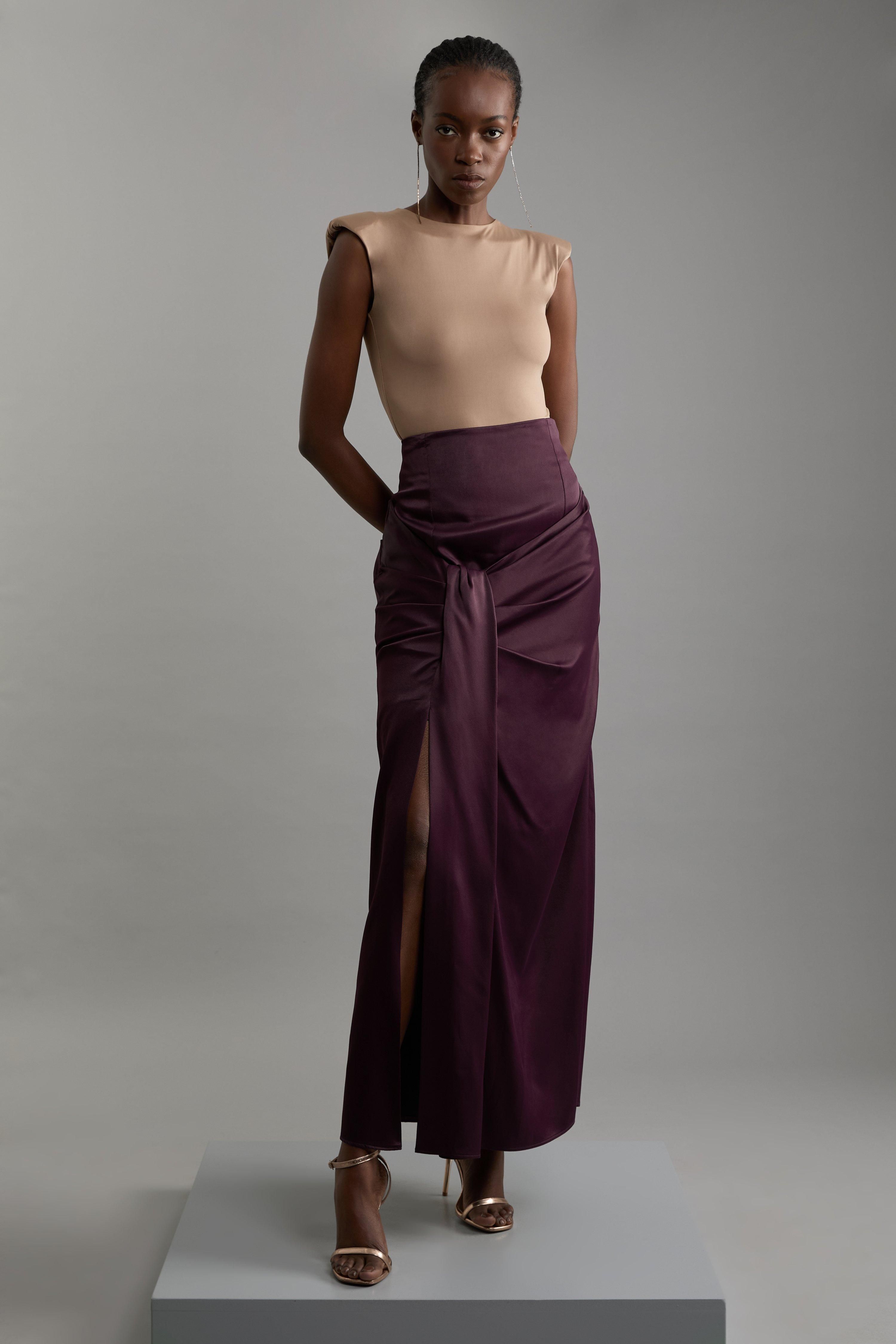 Tailored Satin High Waisted Draped Maxi Skirt | Karen Millen UK + IE + DE + NL