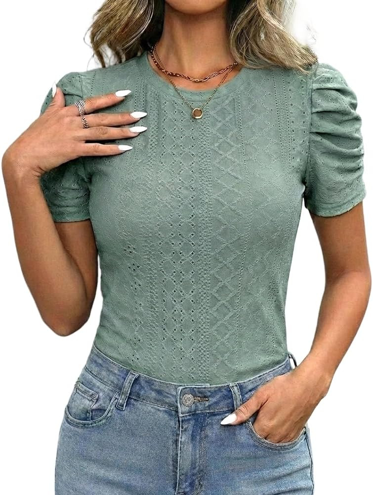 CHICME Womens Summer Shirt Puff Sleeve Tops for Women Short Sleeve Top Casual Hollow Out Jacquard... | Amazon (US)