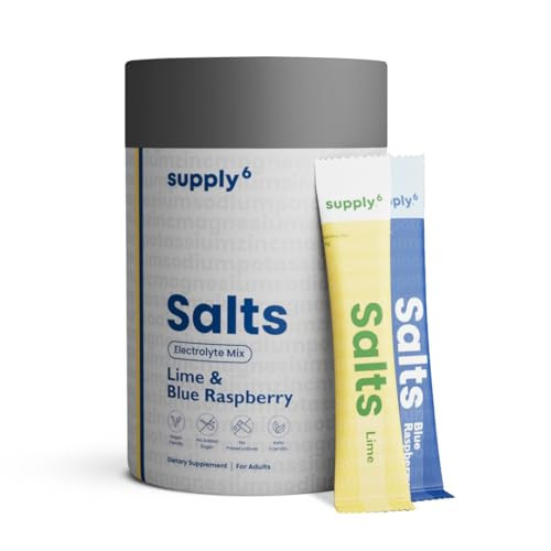 SUPPLY6 Salts - 1070mg Electrolytes with Magnesium | 3X Hydration, Zero Sugar | Superior Absorption with Added Fiber & Zinc for Gut Health | Vegan, Keto-Friendly | 18 Servings, Lime and Blue Raspberry | Amazon (US)