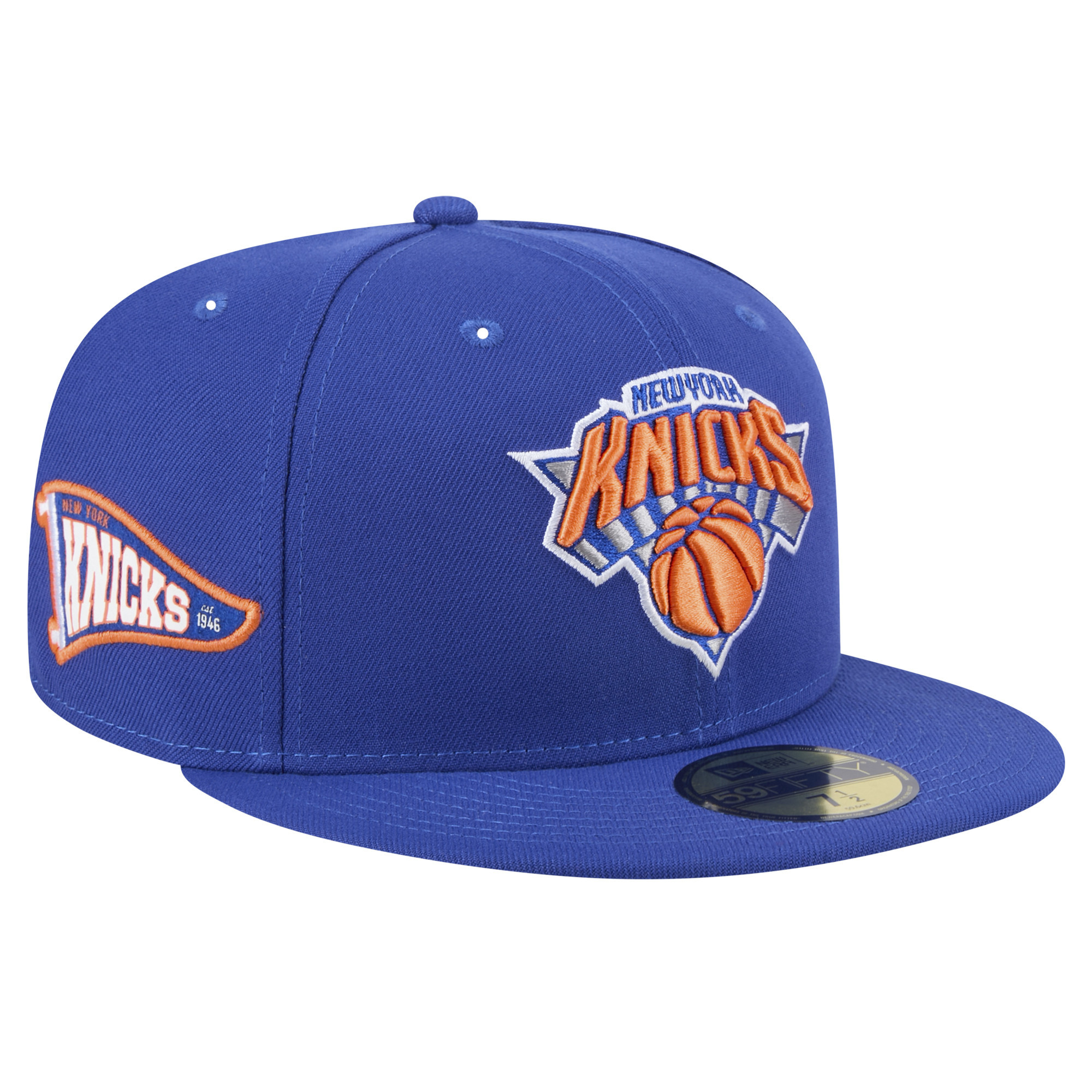 Men's New Era Blue New York Knicks Throwback Pennant 59FIFTY Fitted Hat | NBA Shop