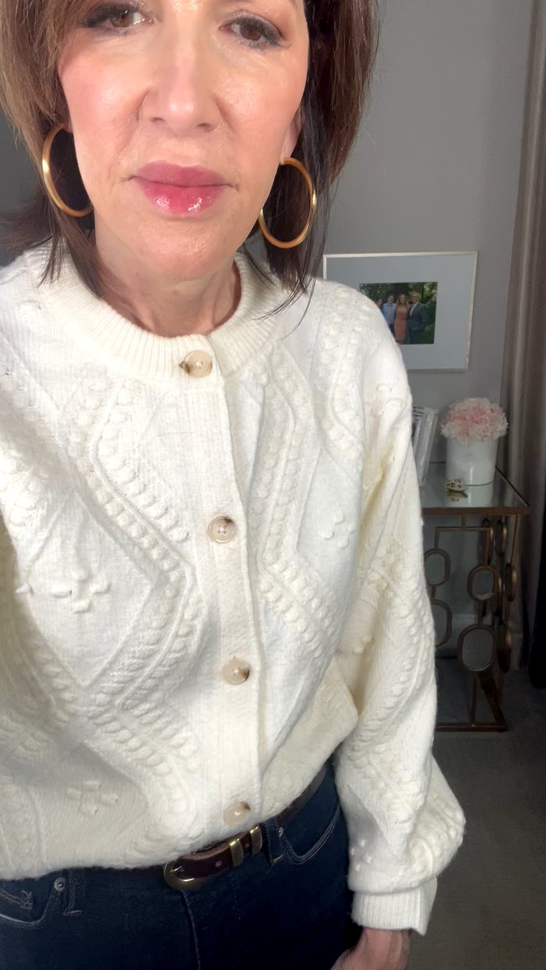 cream cardigan, gold hoop earrings, straight leg jeans, spring outfit, over 50 outfits 

#LTKSeasonal #LTKootd #LTKOver40