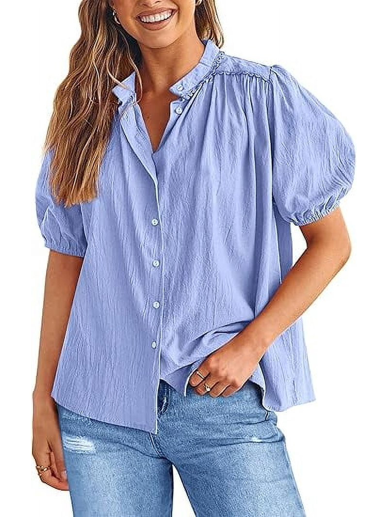 PRETTYGARDEN Women's Summer Button Down Shirts Short Lantern Sleeve V Neck Cotton Cute Dressy Cas... | Walmart (US)