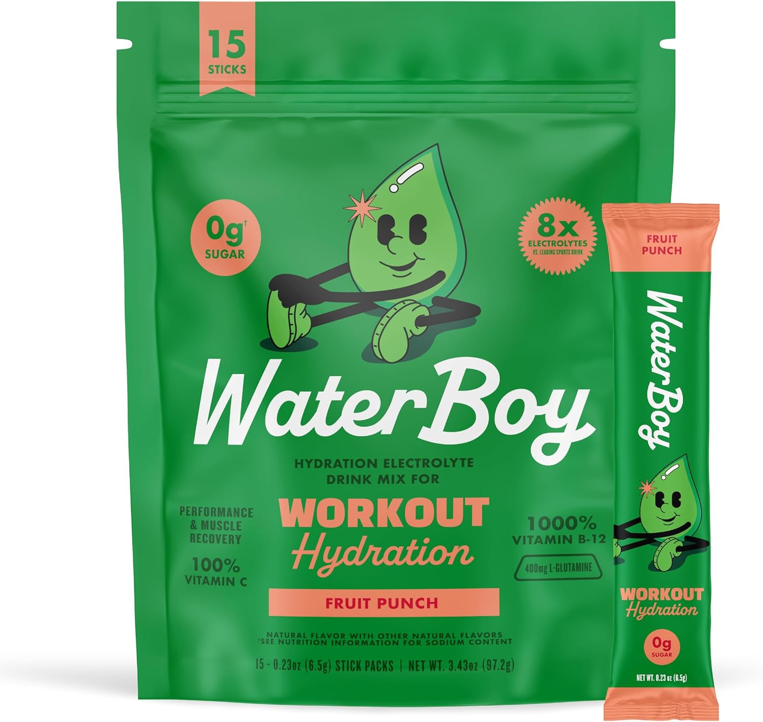 Waterboy Workout Hydration | 2,960mg Sugar Free Electrolyte Powder Packets | L-Glutamine + Vitami... | Amazon (US)