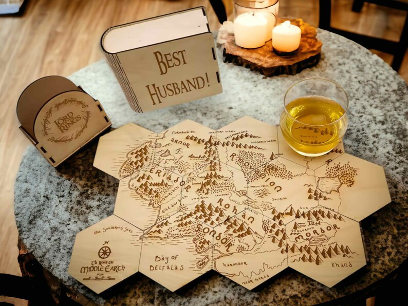 LOTR Inspired Middle-earth Map Coasters Set Puzzle Lotr Gift Engraved With Personalized Holder Cu... | Etsy (US)