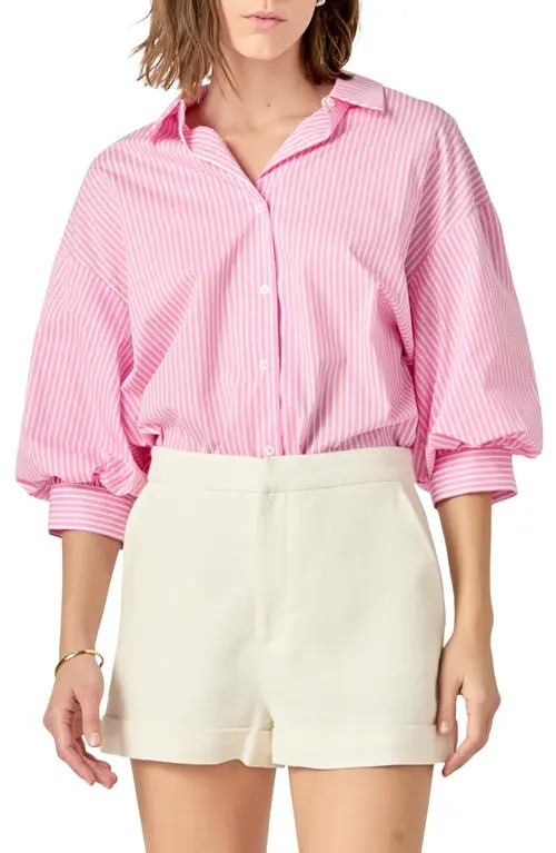 English Factory Stripe Balloon Sleeve Shirt in Pink at Nordstrom, Size Large | Nordstrom