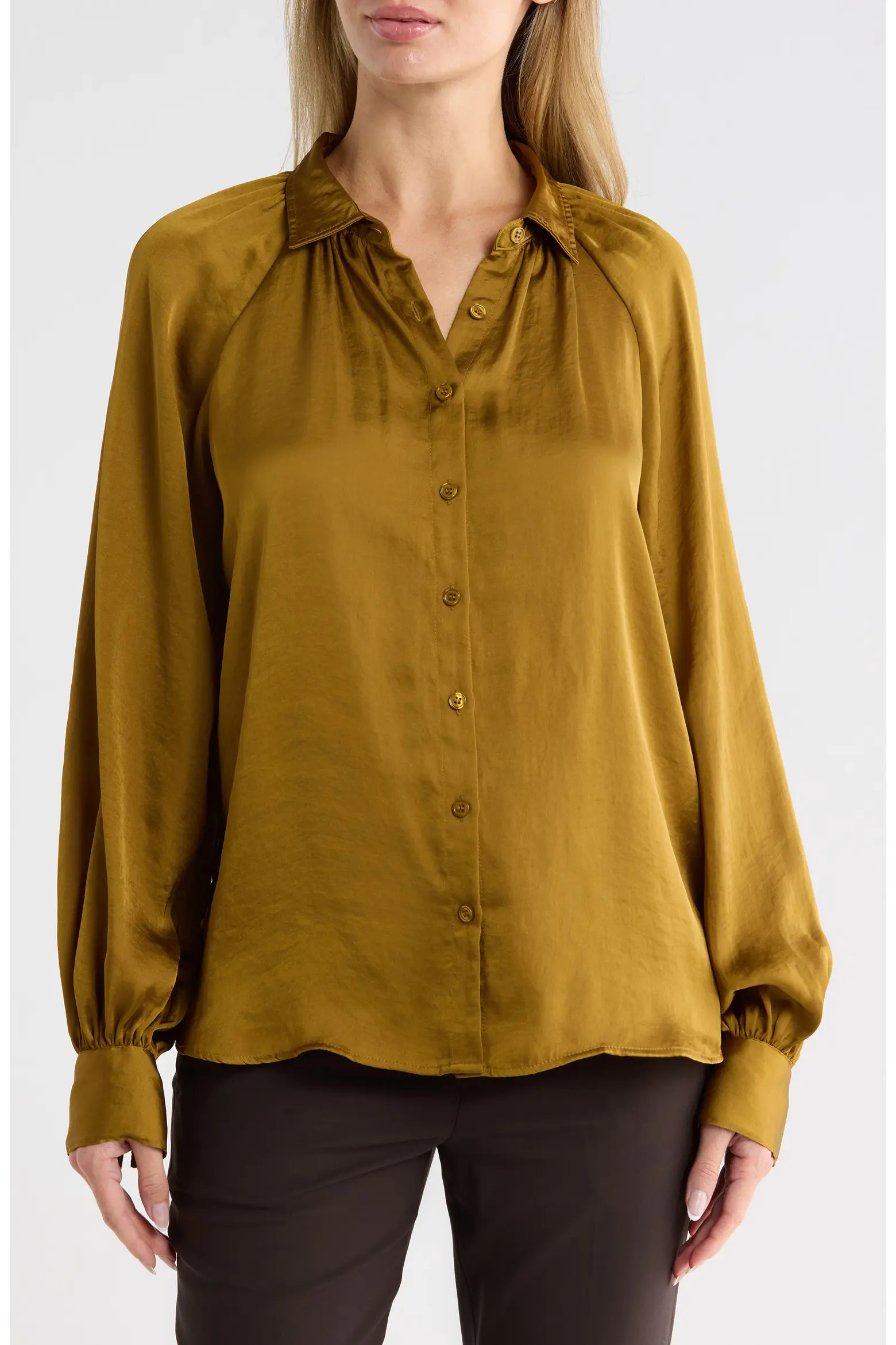 MAX STUDIO Long Sleeve Satin Shirt in Emerald at Nordstrom Rack, Size X-Small | Nordstrom Rack