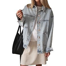 Omoone Womens Oversized Denim Jacket Casual Distresse Western Jean Jackets | Wash blue denim truc... | Amazon (US)
