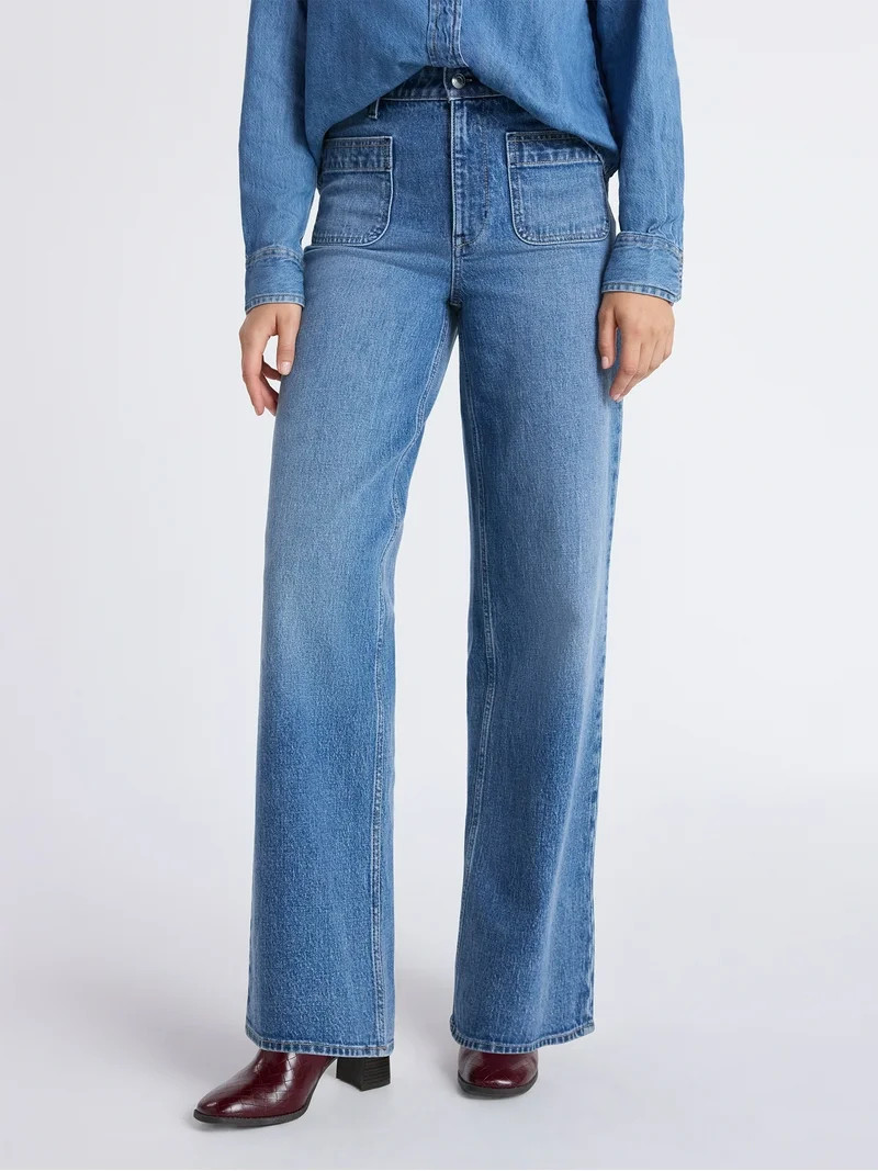 Free Assembly Women's and Women's Plus Wide Leg Jeans with Patch Pockets, 30", 32", and 34" Insea... | Walmart (US)