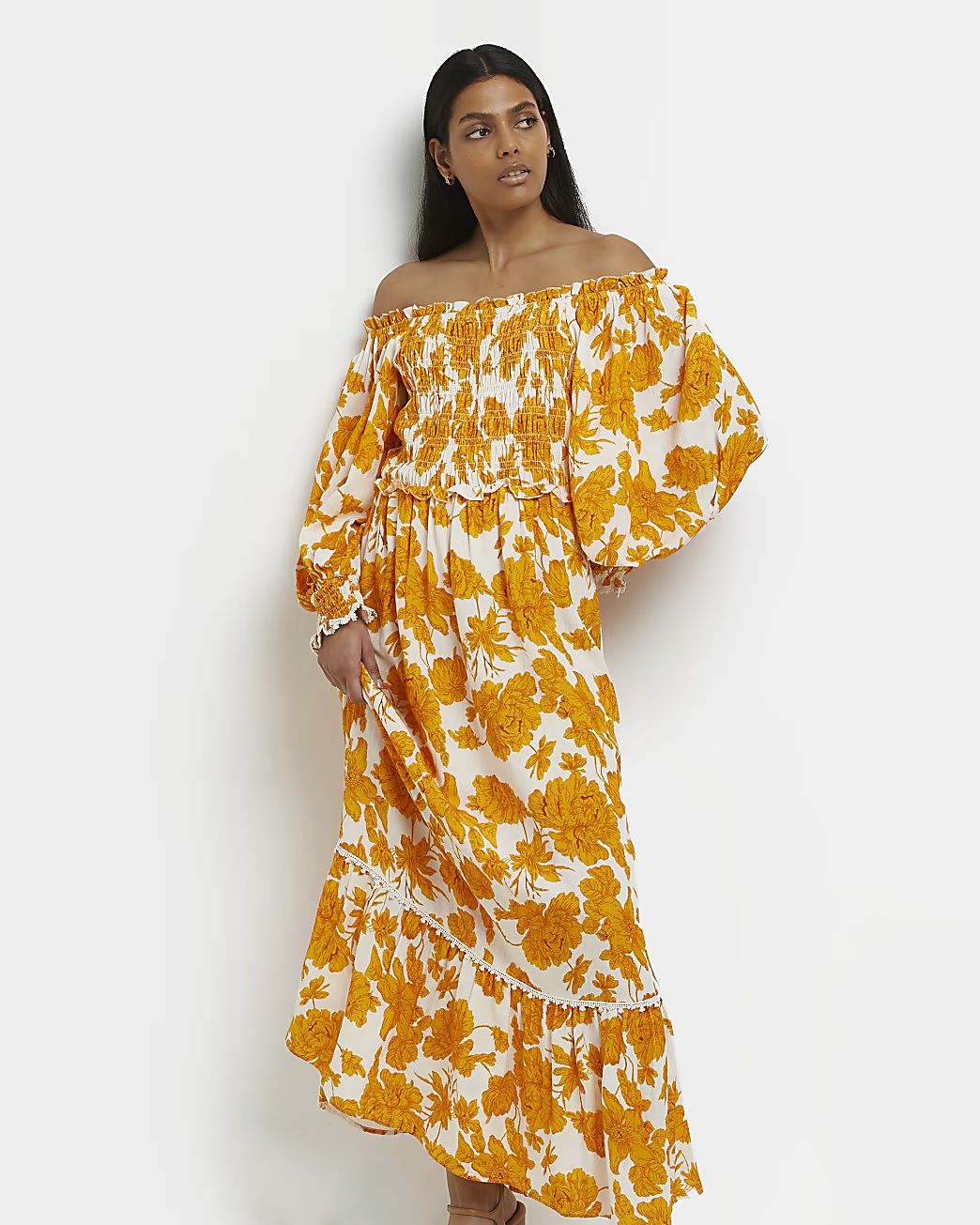 Orange floral shirred smock maxi dress | River Island (UK & IE)