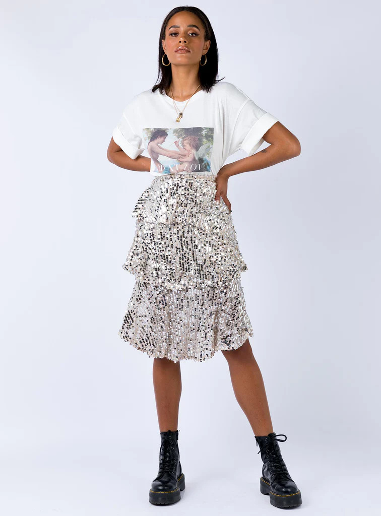 Sliver Sequin Midi Skirt Silver Sequin | Princess Polly AU