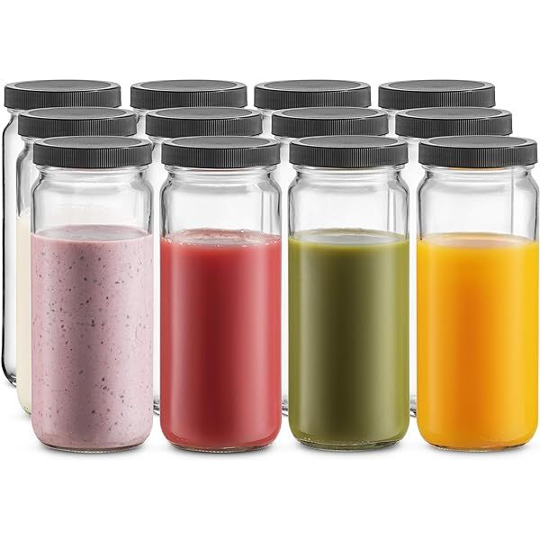 [ 8 Pack ] Glass Juicing Bottles with 2 Straws & 2 Lids w Hole- 16 OZ Travel Drinking Jars, Water Cu | Amazon (US)