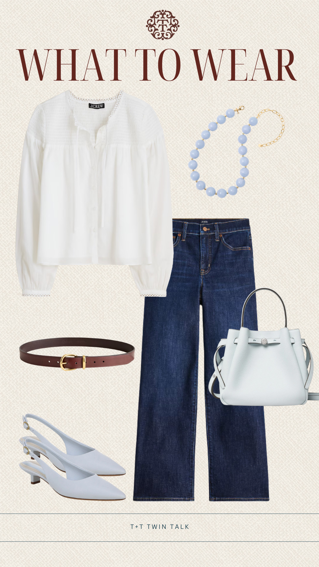 T+T, what to wear! We grabbed both this top and the classic denim from J. crew! Styled with this light blue chic bag from Nordstrom, and this statement necklace from Evereve! This is a great outfit for a shower, or a night out! 

 #LTKootd #LTKSeasonal #LTKMidsize