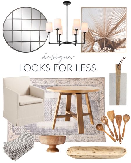 These home decor interior design looks for less are a great way to get a high-end look in your home on a budget! Items include an upholstered chair, a round paneled mirror, a six-light chandelier, a vintage area rug, a desert palm canvas art, a round wooden table and a wooden utensil set. Other items include an oval wooden bowl, a striped napkin set, a round wooden bowl and marble cutting board.  

look for less home, designer inspired, beach house look, amazon haul, amazon must haves, area rug, vintage rug, tj maxx home, home decor, Amazon finds, Amazon home decor, simple decor, target home décor, targetfanatic, targetdoesitagain, target home, studio mcgee, target finds, studio mcgee, world market chairs, world market home, neutral design, kitchen accessories, charcuterie boards, wall mirror, kitchen decor, simple decor, coastal decorating, coastal design, coastal inspiration #ltkfamily 

#LTKSeasonal #LTKstyletip #LTKunder50 #LTKunder100 #LTKhome #LTKsalealert #LTKsalealert #LTKhome #LTKunder100