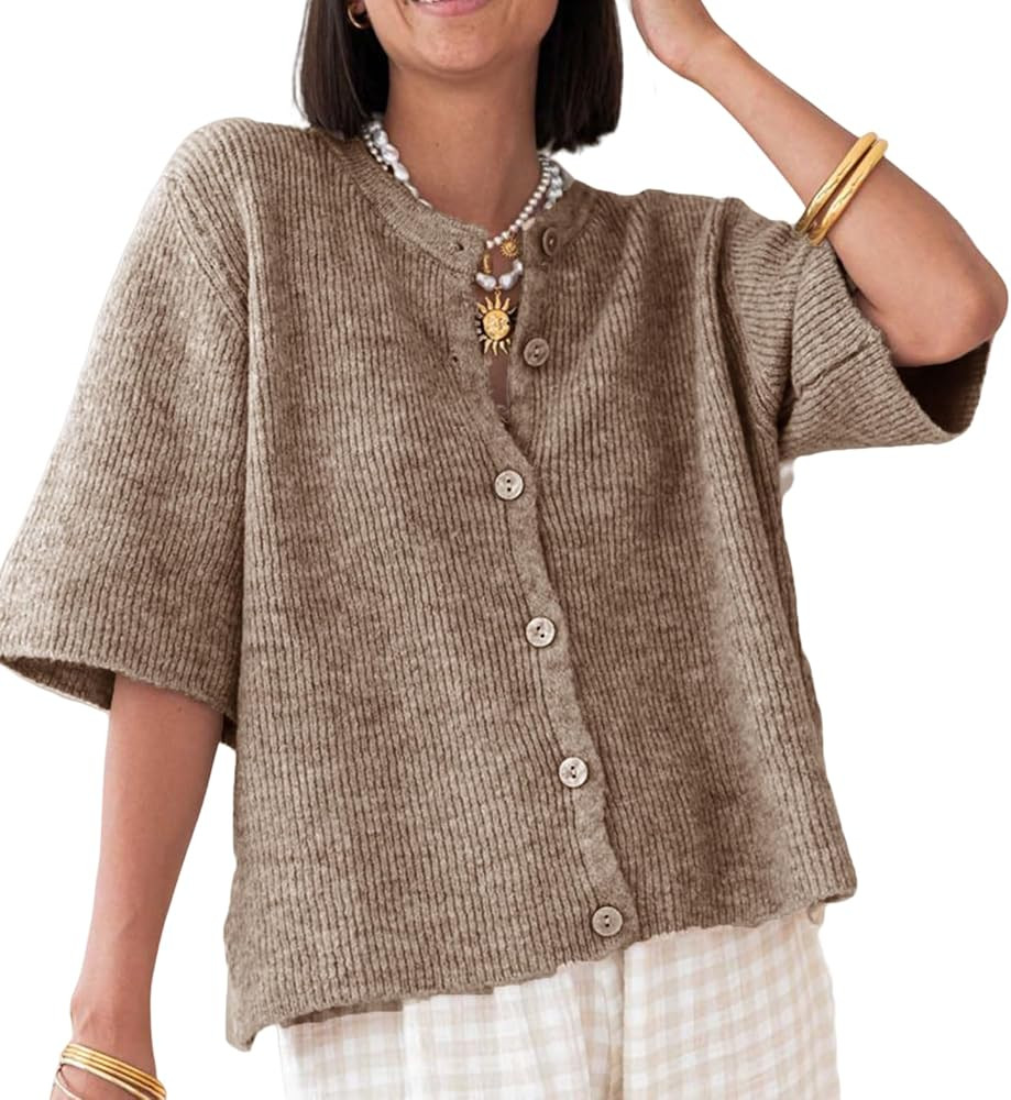 KMBANGI Women Knitted Cropped Blouse Short Sleeve Button Knit Shirt Crop Cardigan Y2k Open Front ... | Amazon (US)