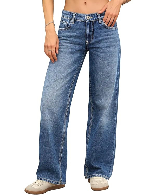 ELLEVEN Women's Low-Rise Baggy Jeans, High Stretchy Y2K Wide Leg Jeans Boyfriend Straight Leg Den... | Amazon (US)
