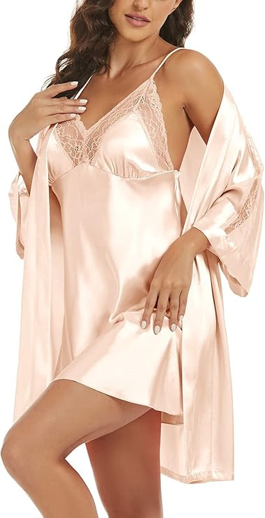 Women's Silk Pajama Sets Satin Robe with Nightgown 2 Piece Sleepwear Sexy Lace Cami Nightwear Kim... | Amazon (US)