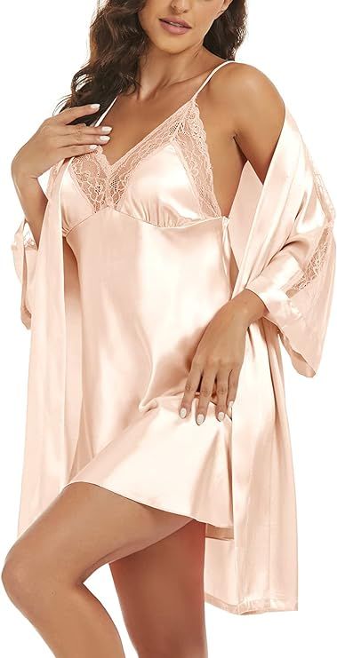 Women's Silk Pajama Sets Satin Robe with Nightgown 2 Piece Sleepwear Sexy Lace Cami Nightwear Kim... | Amazon (US)