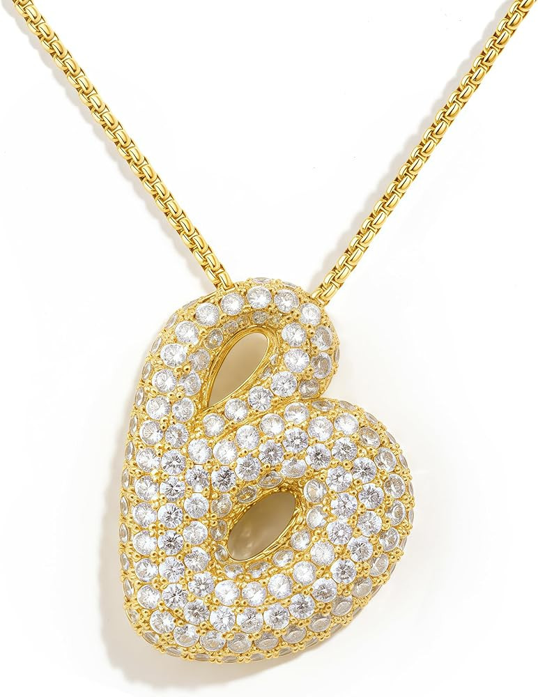 Bubble Letter Necklace, 14k Gold/Silver Balloon Initial Diamond Pendant Chain Necklace Dainty Pav... | Amazon (US)
