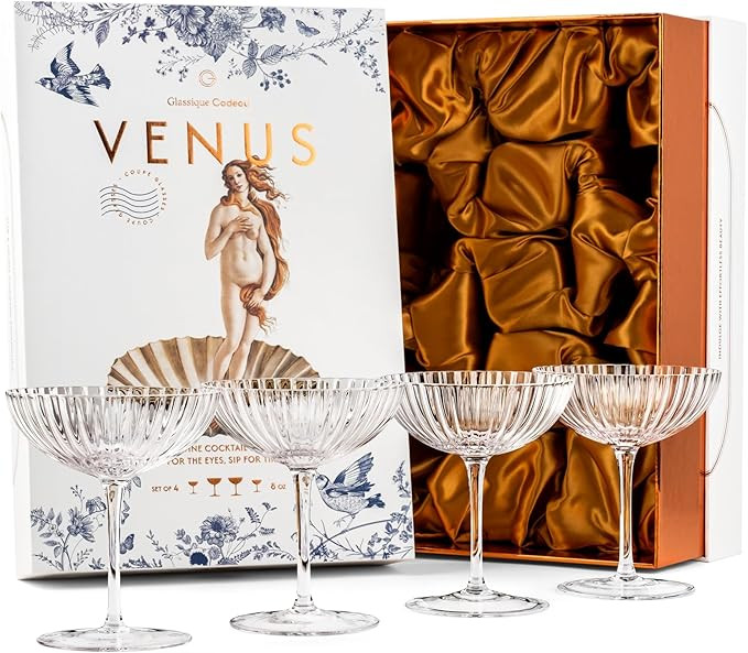 Venus Seashell Coupe Cocktail Glasses | Set of 4 | 8 oz Crystal Ribbed Champagne Saucers for Drin... | Amazon (US)