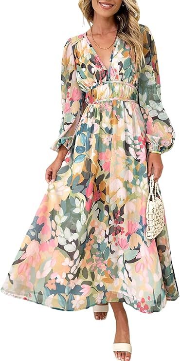Maxigerui Women's Long Sleeve Boho Maxi Dress Floral Print Long Dress Pink Print | Amazon (US)