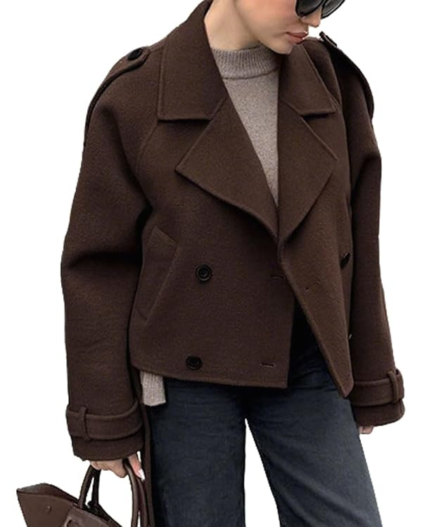 Women Crop Wool Pea Coat Lapel Collar Office Work Short Winter Jacket Trench Coat | Amazon (US)