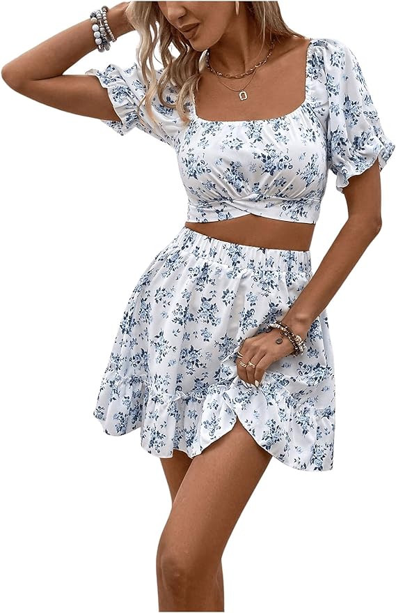 MakeMeChic Women's 2 Piece Outfits Floral Tie Back Square Neck Puff Sleeve Shirred Crop Top with ... | Amazon (US)