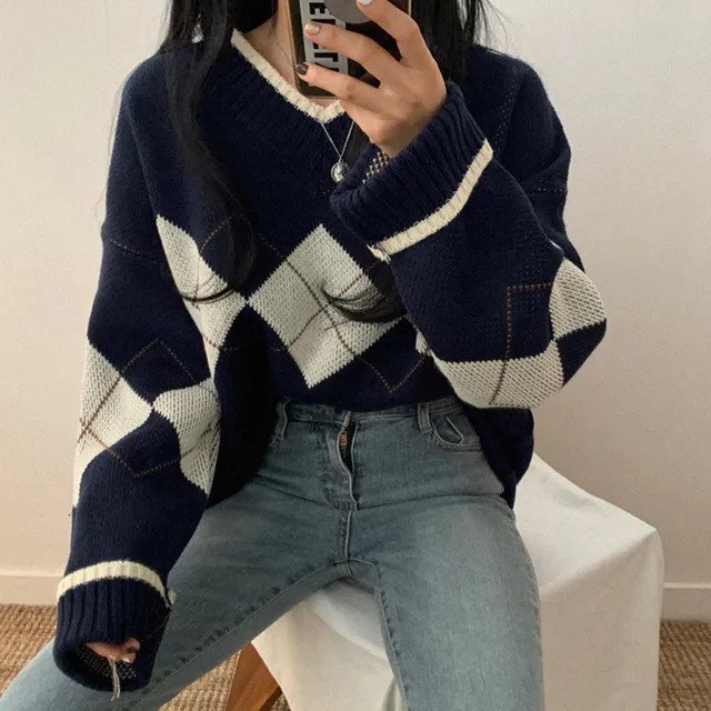 BrickBlack - V-Neck Argyle Oversized Sweater | YesStyle | YesStyle Global