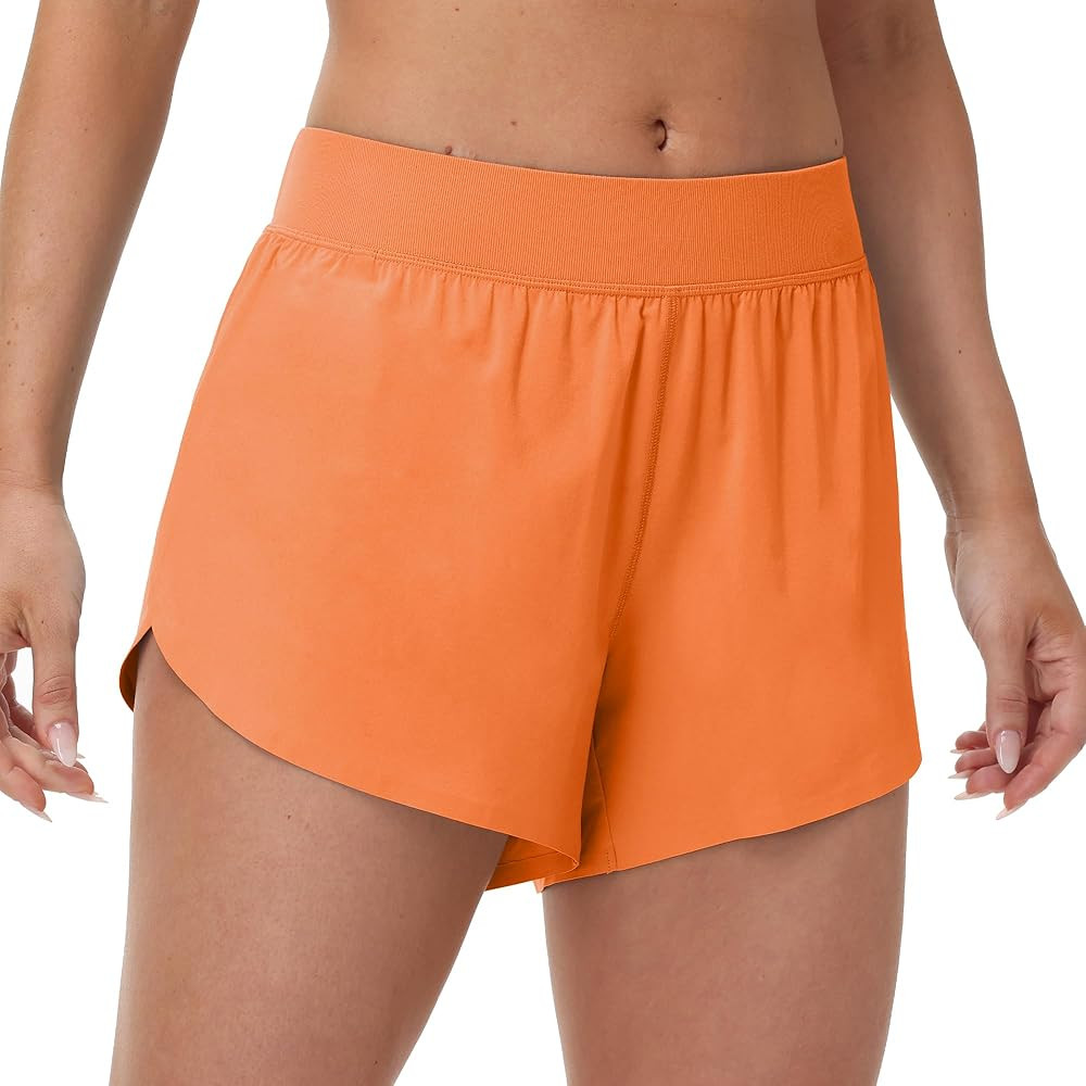 MCEDAR Women's Mid Waist Athletic Running Shorts 4" High Split for Dolphin Shorts with Comfy Mesh... | Amazon (US)