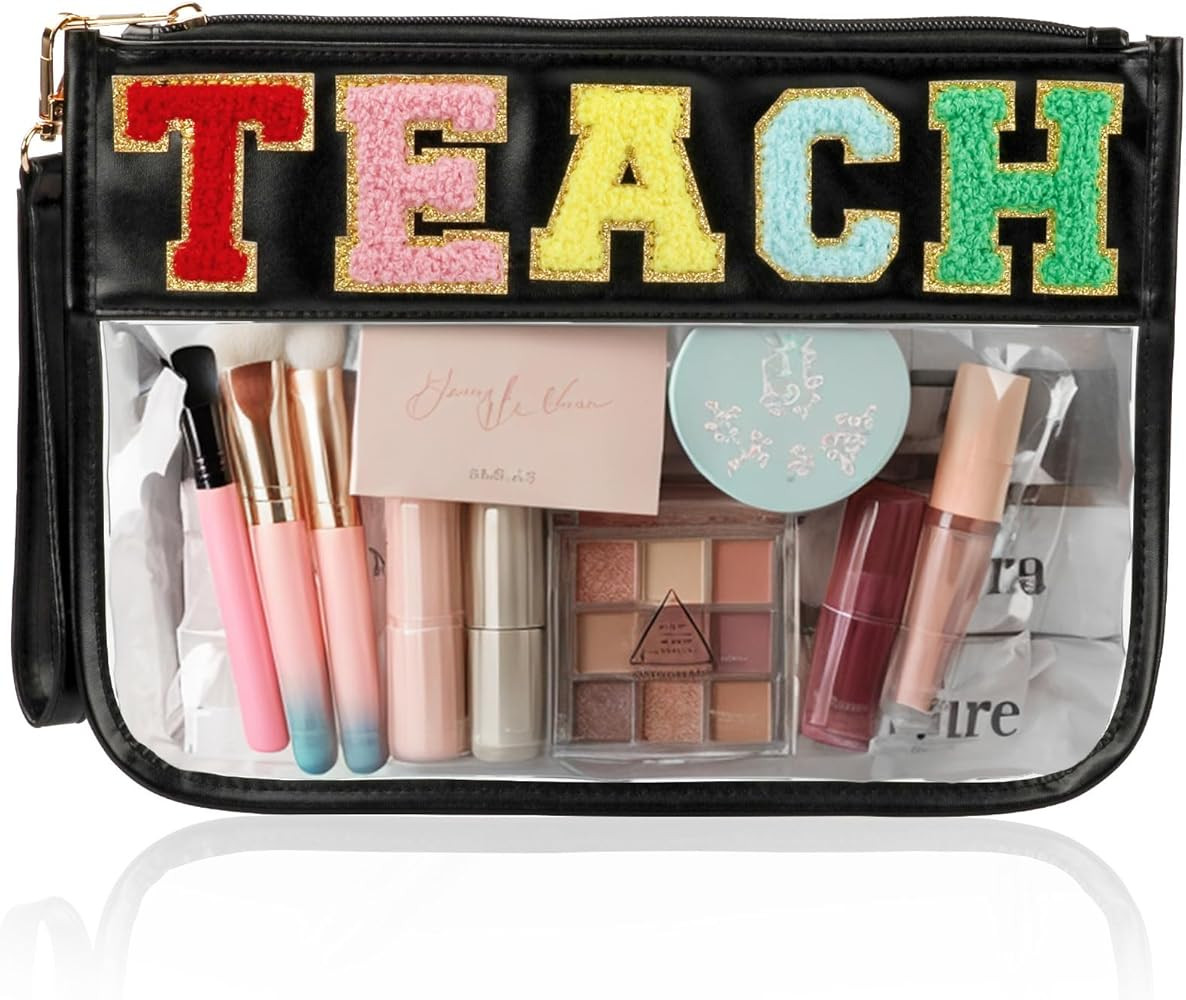 BuyCard Teacher Appreciation Gifts Clear Makeup Bag, Embroidered Chenille Letter Patches Cosmetic... | Amazon (US)