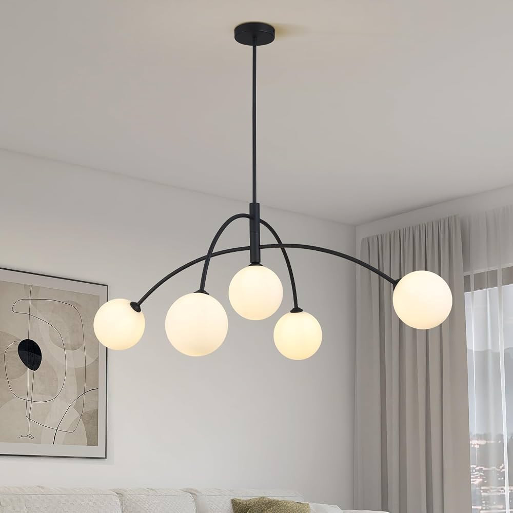 Mid Century Chandelier Black Ceiling Light 5 Light Sputnik Light Fixture with White Glass Globe A... | Amazon (US)