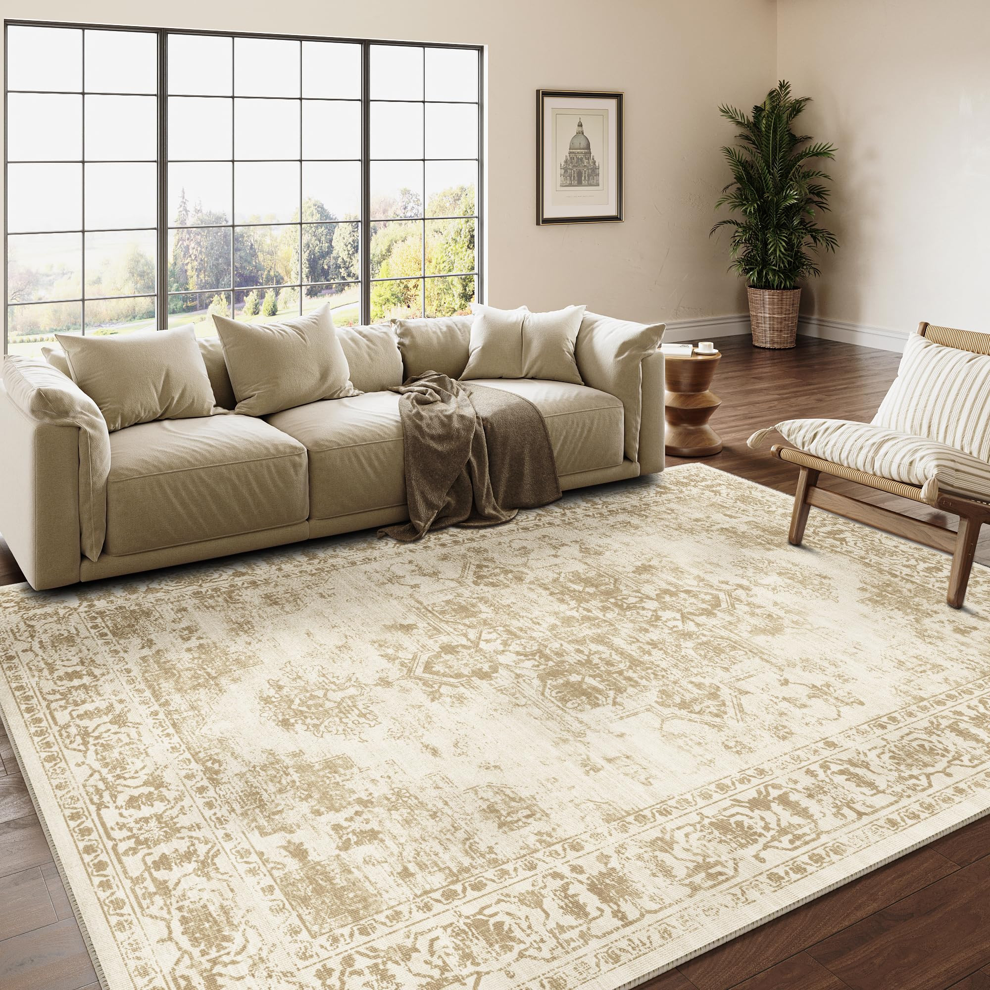 8x10 Area Rugs for Living Room Vintage Washable Rug Beige Boho Floral Medallion Print Low Pile Ca... | Amazon (US)