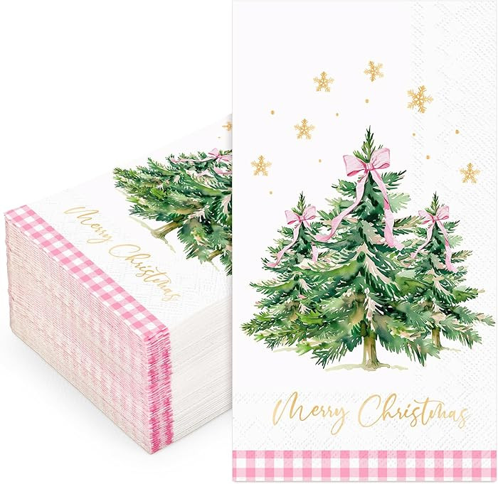 Whaline 100Pcs Christmas Guest Napkin Pink Bow Xmas Tree Disposable Paper Napkins Gold Foil Snowf... | Amazon (US)