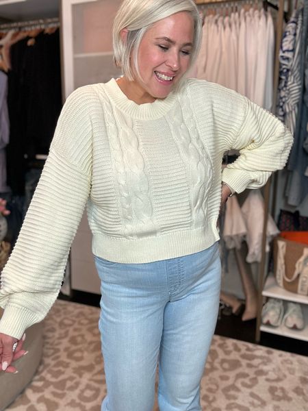 Cream cable, knit, cropped sweater runs true to size wearing a large. Use code- WANDA20 and save 20%

#LTKover40 #LTKSeasonal #LTKmidsize