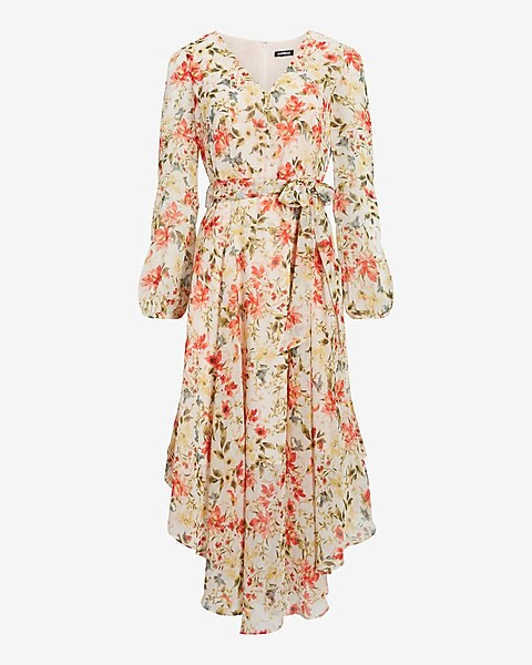 Floral Print Front Tie Waist Midi Dress | Express