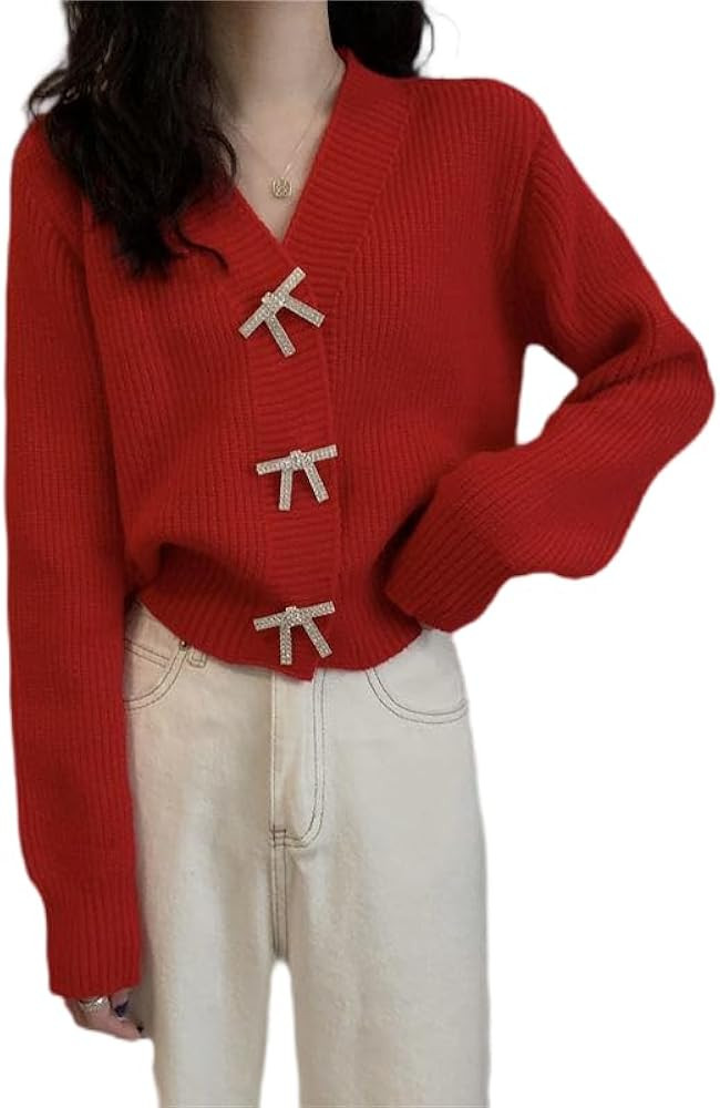 -Bow Sweater Womens Oversized Cardigan Sweaters Bow Printed V Neck Long Sleeve Loose Knit Fall Tr... | Amazon (US)