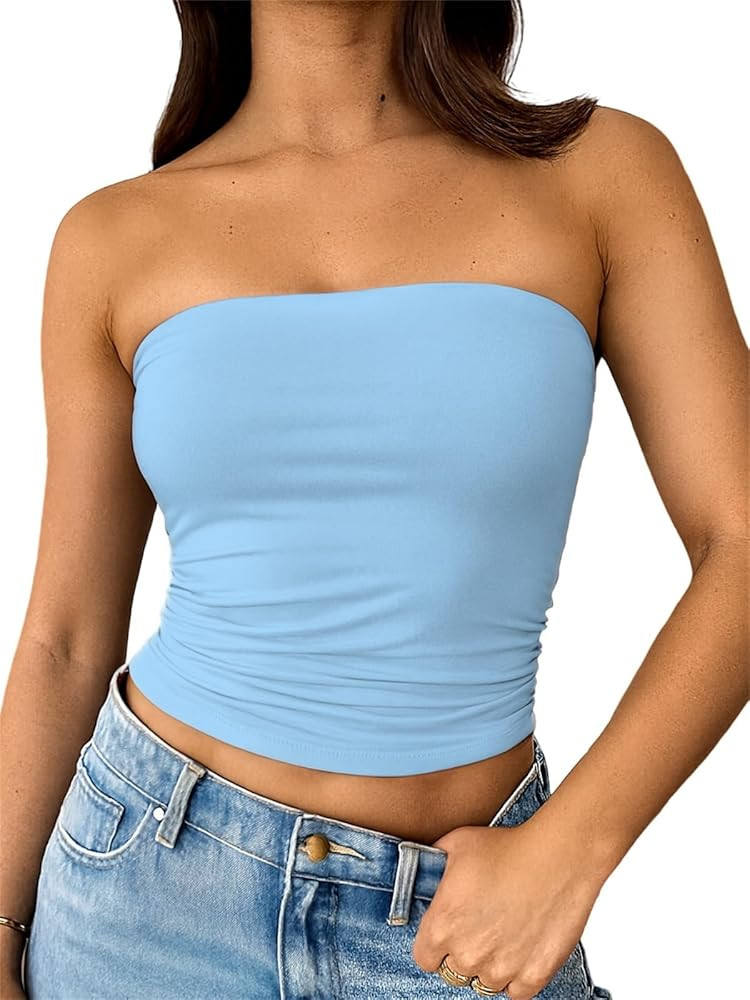 ForeFair Women Strapless Tube Tops Double Lined Ruched Backless Bandeau Going Out Top Basic Tank ... | Amazon (US)
