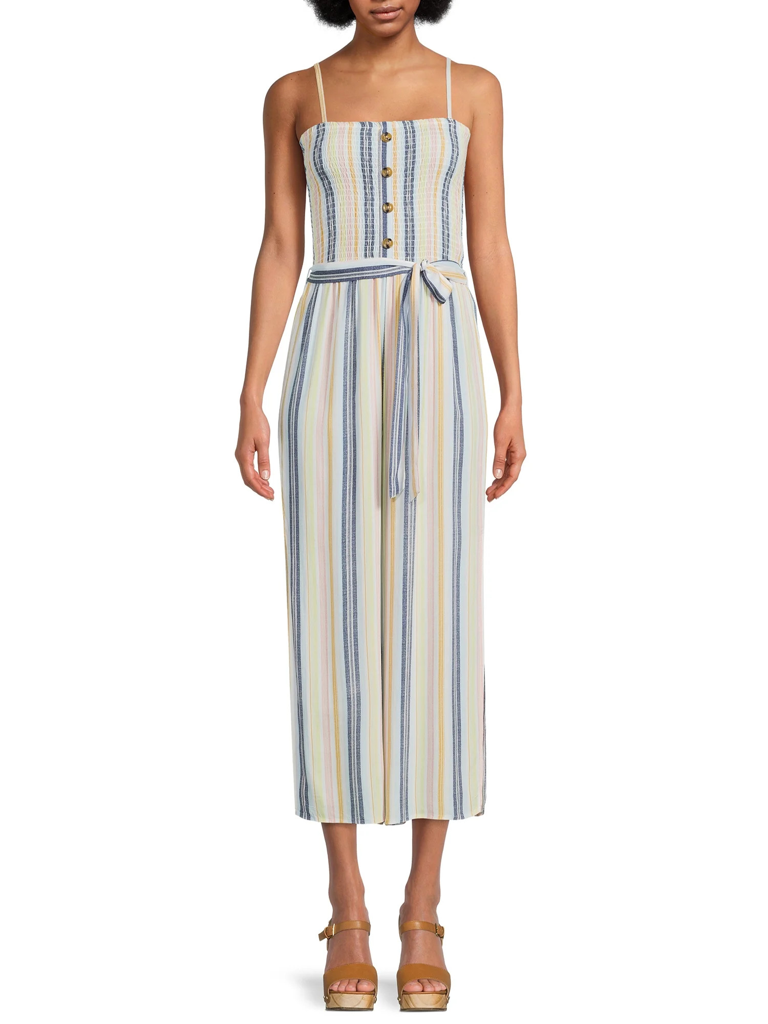 No Boundaries Juniors Button Front Smocked Jumpsuit with Side Slit | Walmart (US)