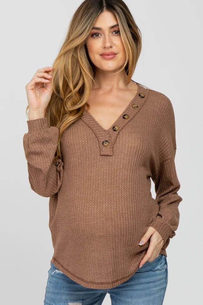 Brown Waffle Knit Button Accent Maternity Top | PinkBlush Maternity