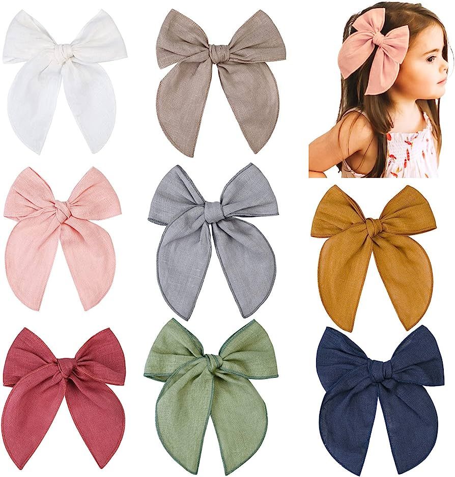 DEEKA 8 PCS Large Fable Hair Bow Cotton Linen Hair Bow for Toddlers Girls Handmade Neutral Bow Ha... | Amazon (US)