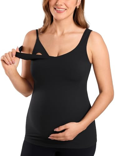 MOMANDA Maternity Nursing Tank Tops with Built in Bra Sleeveless Casual Pregnancy Tee V Neck Workout Shirt Black Medium | Amazon (US)