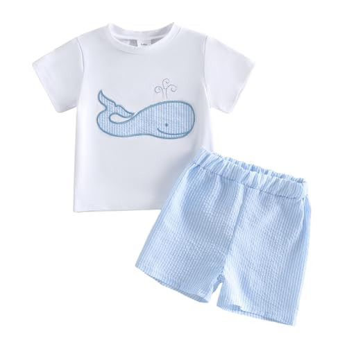 Saliuentm Toddler Baby Boy Summer Clothes Whale Embroidery Short Sleeve Shirt Tops and Stripe Shorts Set Summer Outfits 2Pcs (B-White,18-24 Months) | Amazon (US)