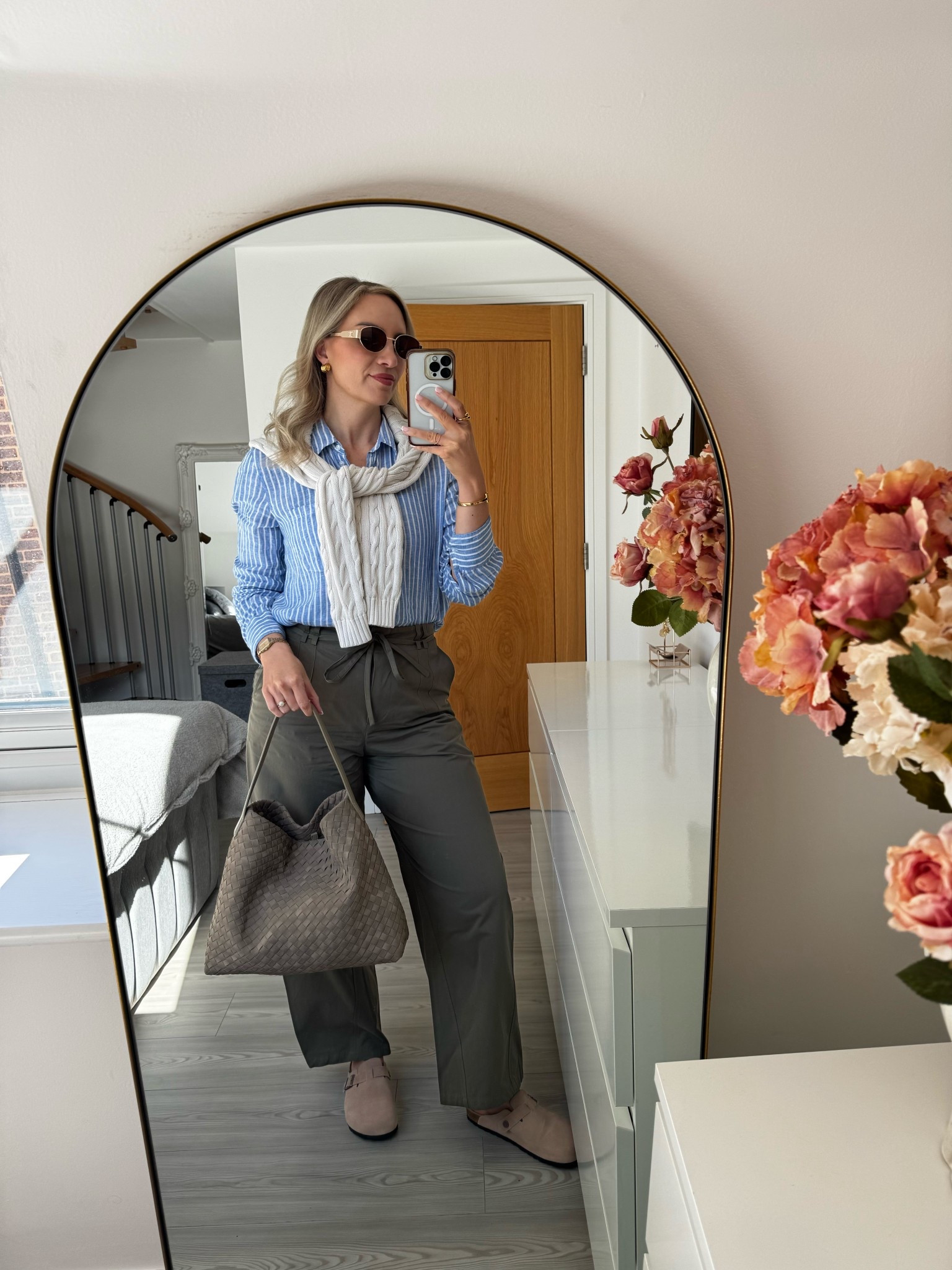 Casual spring outfit idea 🫶🏼

I wear a small in the cable jumper, medium in the striped shirt and a 12 in the khaki trousers 

#LTKstyletip #LTKshoes #LTKspring