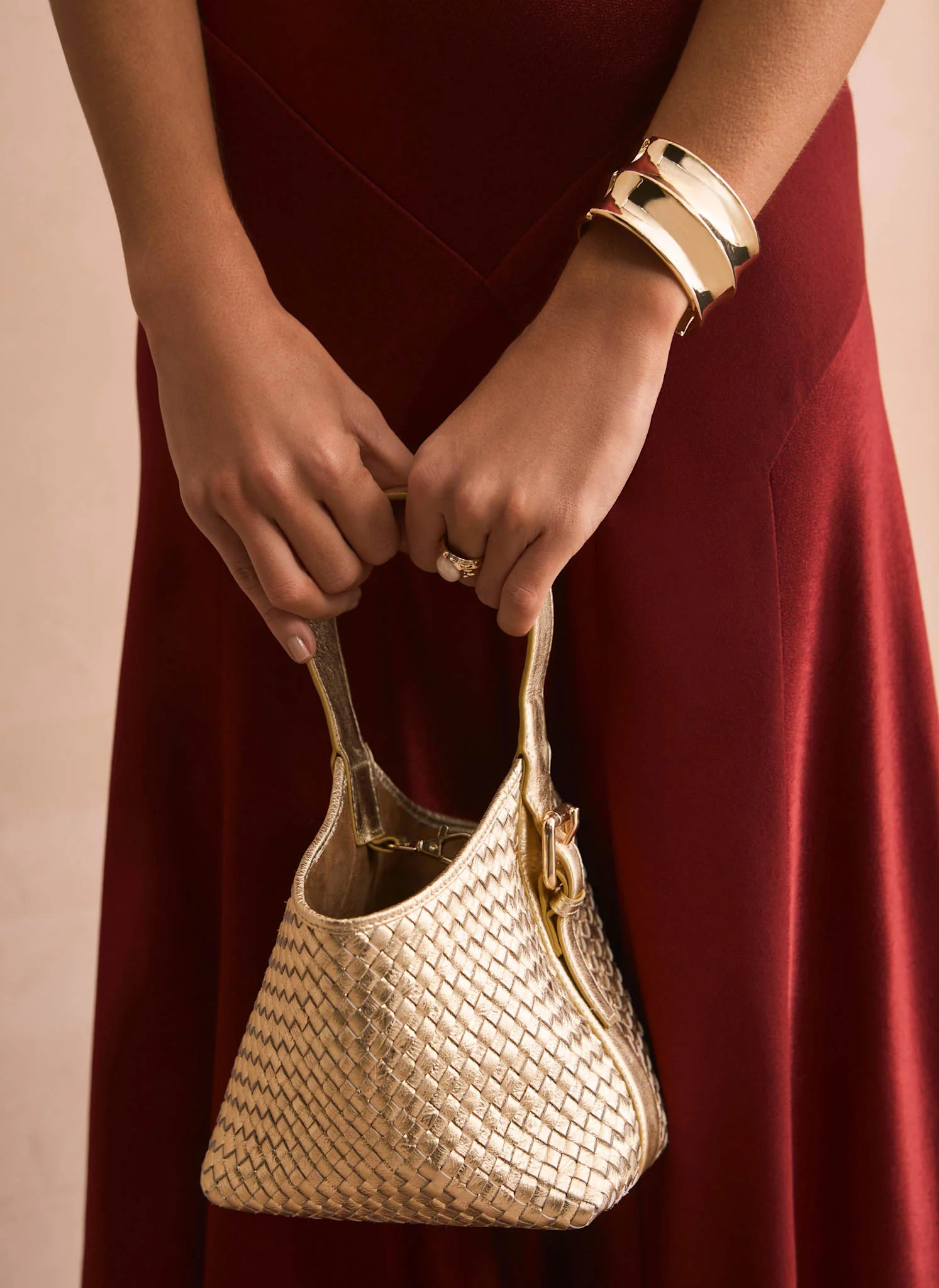 Lola Gold Leather Woven Bucket Bag | Mint Velvet