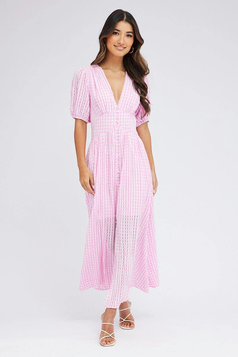 Purple Check Midi Dress Puff Sleeve | Ally Fashion (US, Australia & New Zealand)