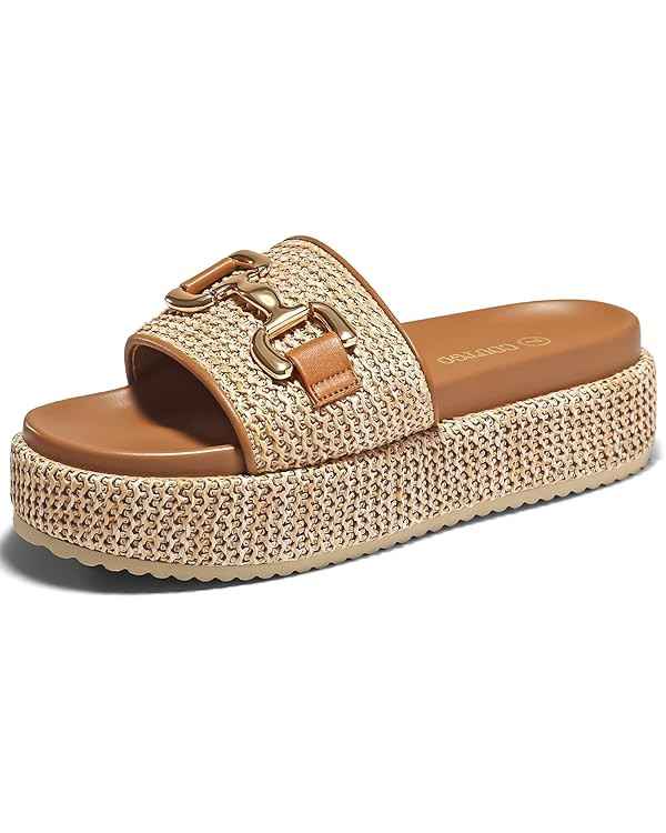 Coutgo Womens Platform Sandals Raffia Espadrilles Metal Chain Slip on Open Toe Cute Beach Slide S... | Amazon (US)